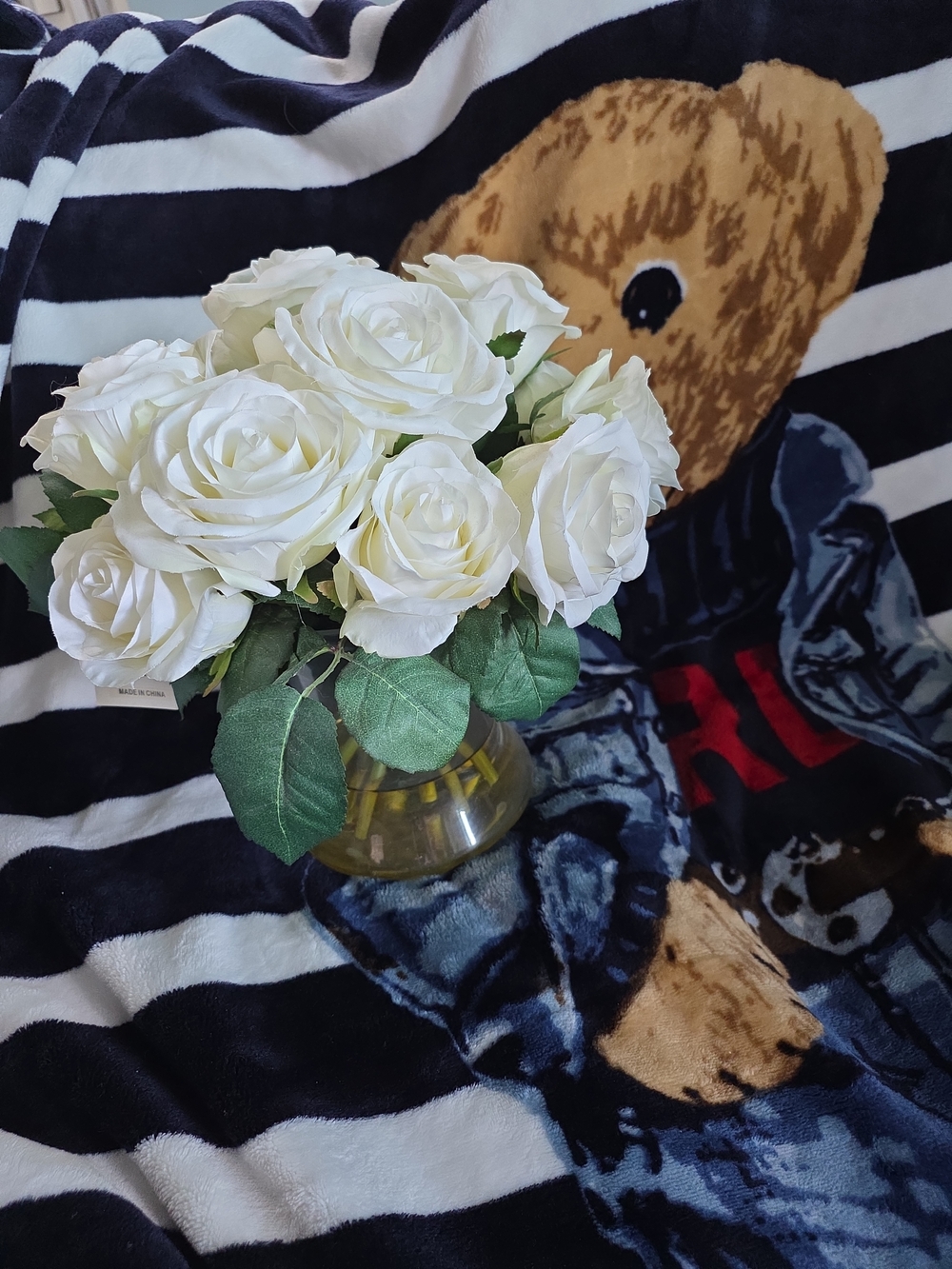 White Artificial Rose Bouquet in Clear Vase - Home Accents